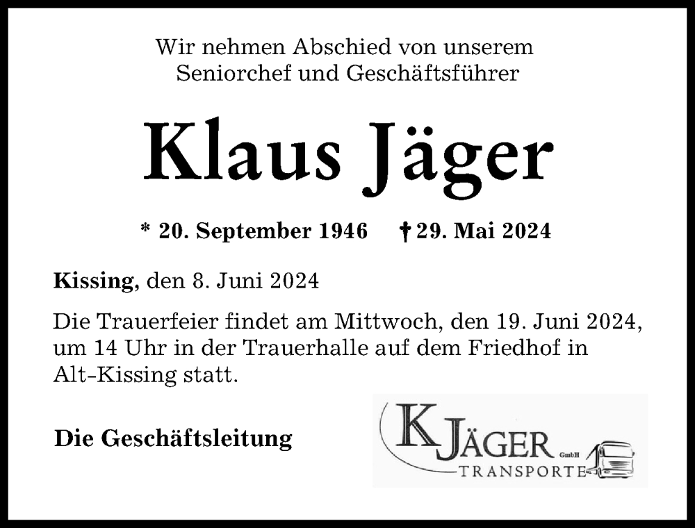 Traueranzeige von Klaus Jäger von Augsburger Allgemeine