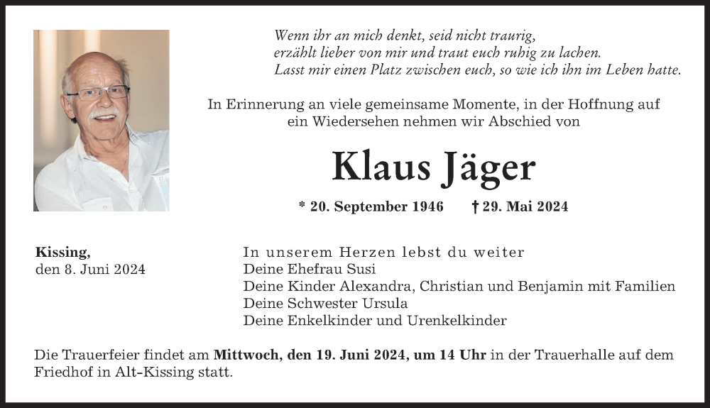 Traueranzeige von Klaus Jäger von Augsburger Allgemeine