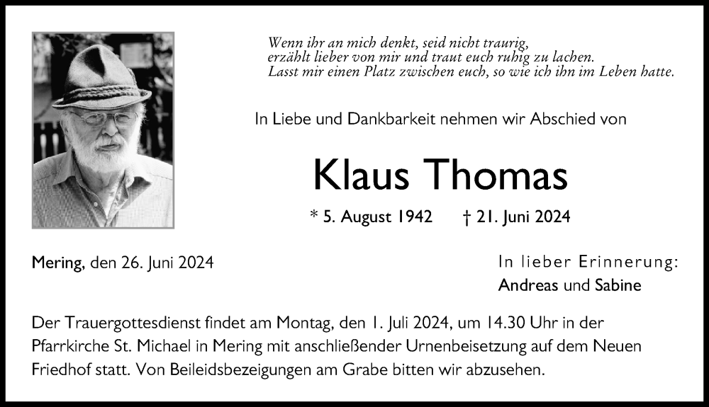 Traueranzeige von Klaus Thomas von Friedberger Allgemeine