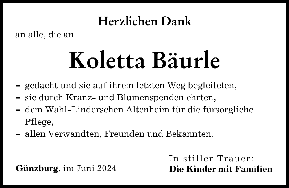 Traueranzeige von Koletta Bäurle von Günzburger Zeitung