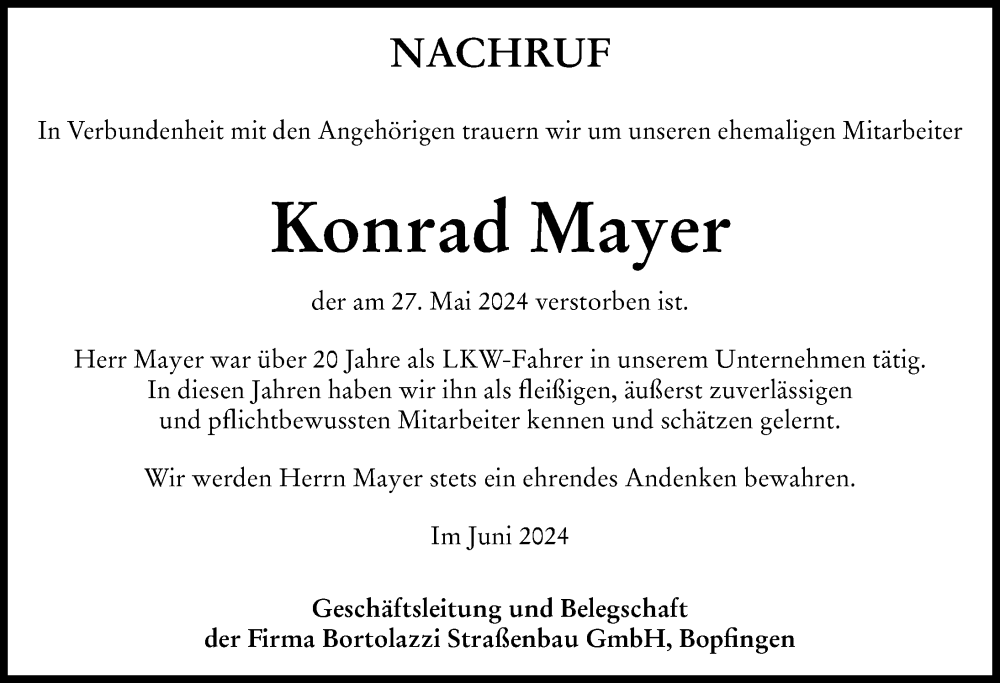 Traueranzeige von Konrad Mayer von Rieser Nachrichten