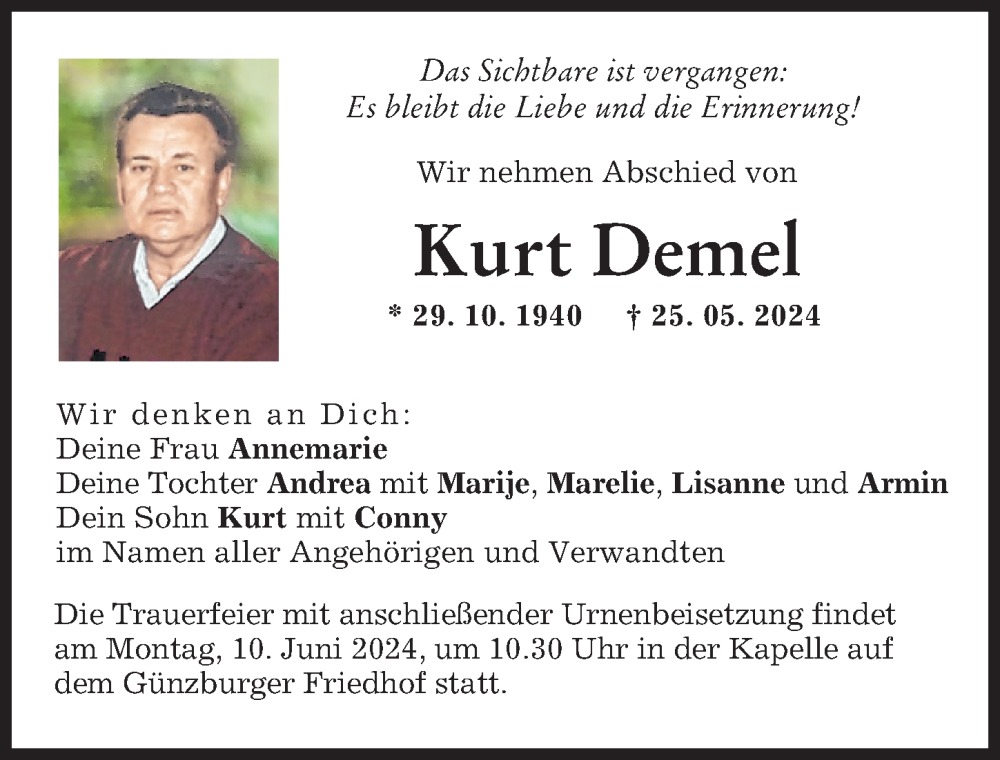 Traueranzeige von Kurt Demel von Günzburger Zeitung