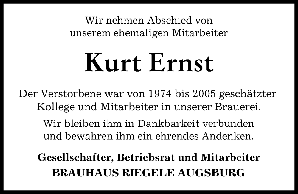 Traueranzeige von Kurt Ernst von Augsburger Allgemeine