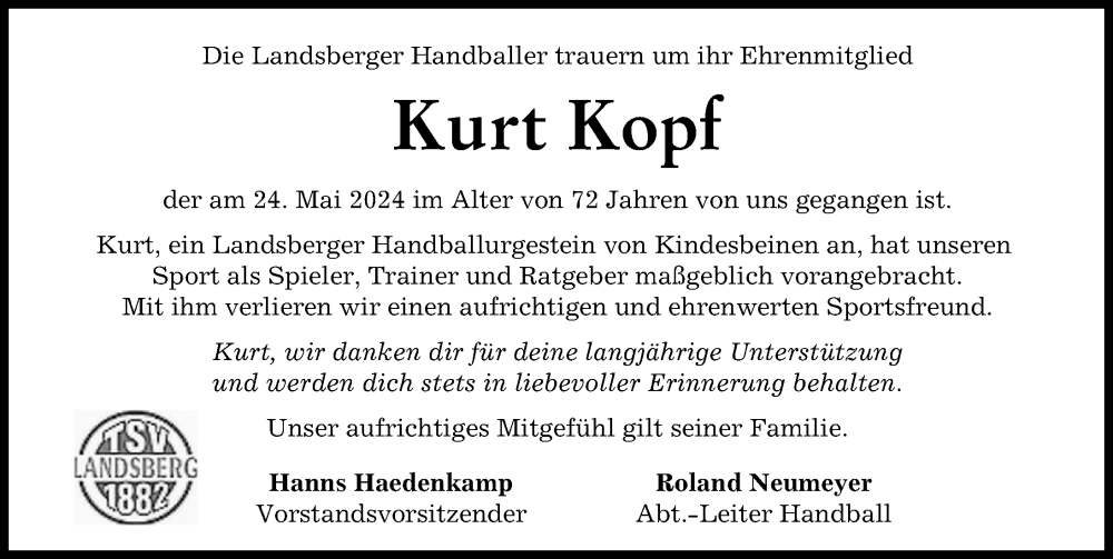 Traueranzeige von Kurt Kopf von Landsberger Tagblatt