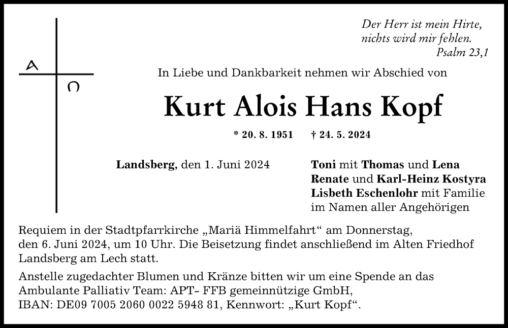 Traueranzeige von Kurt Alois Hans Kopf von Landsberger Tagblatt