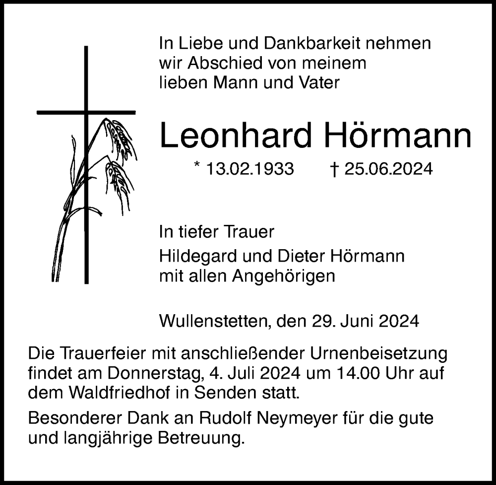 Traueranzeige von Leonhard Hörmann von Augsburger Allgemeine, Neu-Ulmer Zeitung
