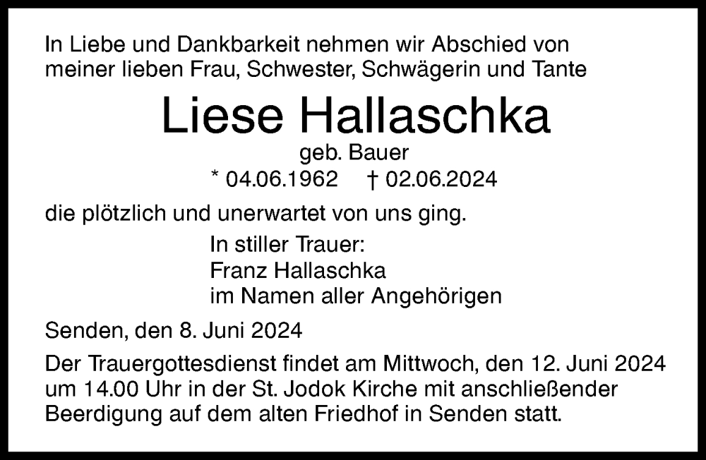 Traueranzeige von Liese Hallaschka von Augsburger Allgemeine, Neu-Ulmer Zeitung