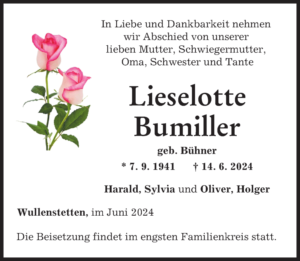 Traueranzeige von Lieselotte Bumiller von Neu-Ulmer Zeitung