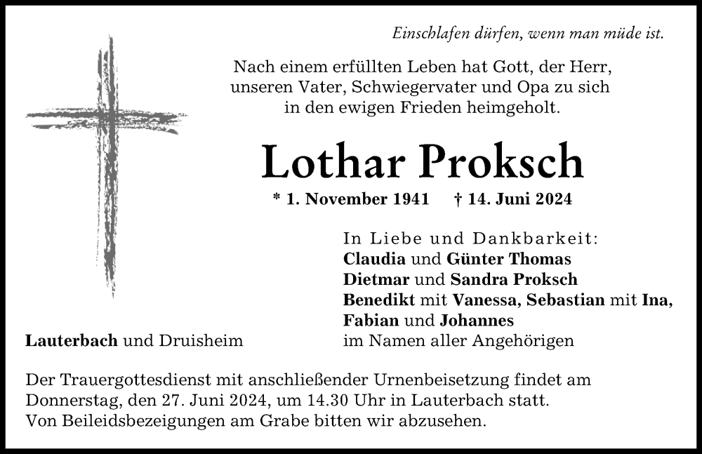 Traueranzeige von Lothar Proksch von Donauwörther Zeitung, Wertinger Zeitung