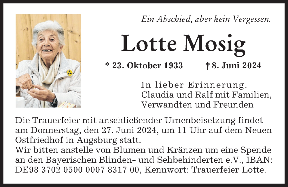 Traueranzeige von Lotte Mosig von Augsburger Allgemeine