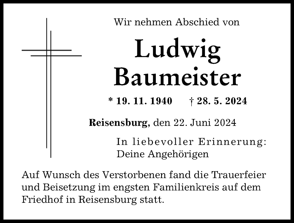 Traueranzeige von Ludwig Baumeister von Günzburger Zeitung