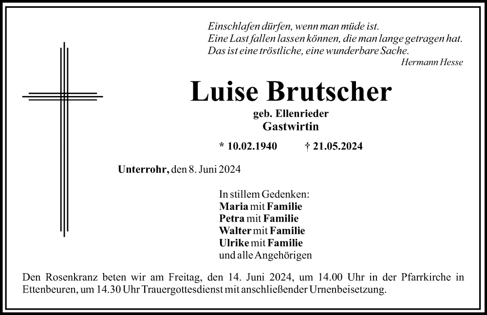 Traueranzeige von Luise Brutscher von Günzburger Zeitung
