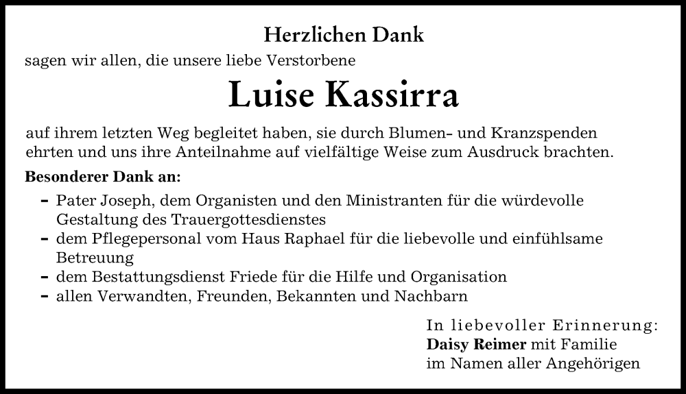 Traueranzeige von Luise Kassirra von Schwabmünchner Allgemeine