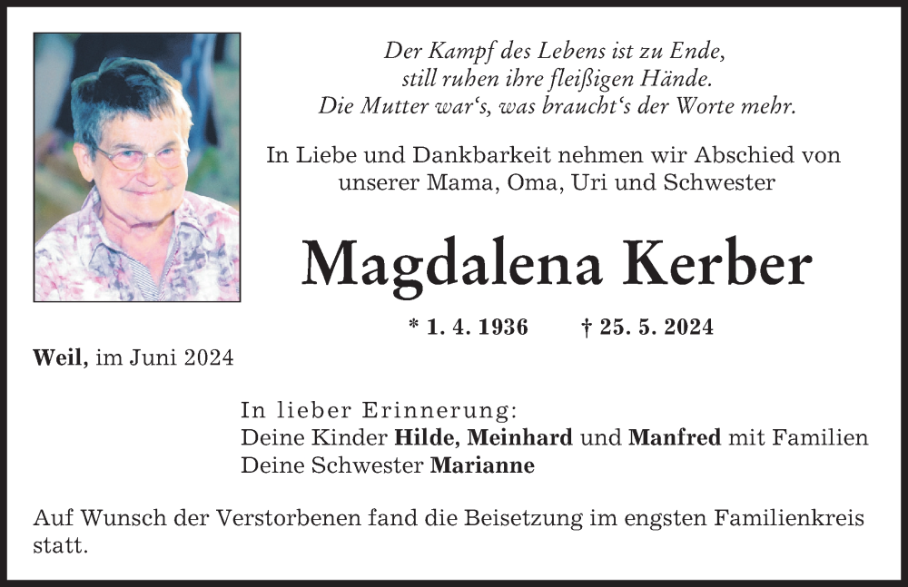 Traueranzeige von Magdalena Kerber von Landsberger Tagblatt