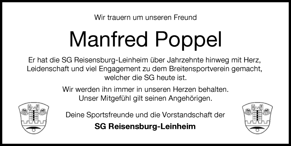 Traueranzeige von Manfred Poppel von Günzburger Zeitung