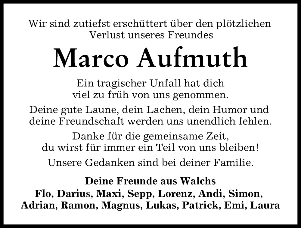 Traueranzeige von Marco Aufmuth von Mindelheimer Zeitung
