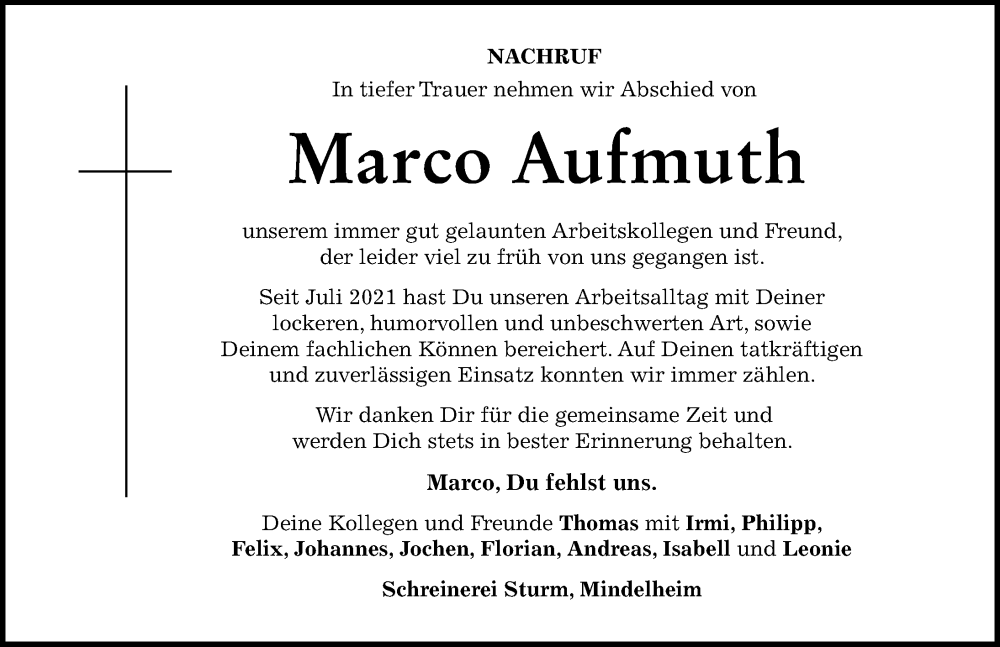 Traueranzeige von Marco Aufmuth von Mindelheimer Zeitung