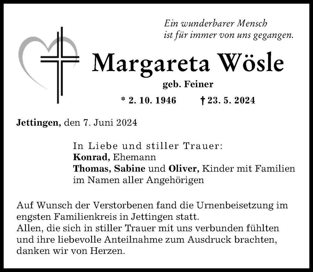 Traueranzeige von Margareta Wösle von Günzburger Zeitung