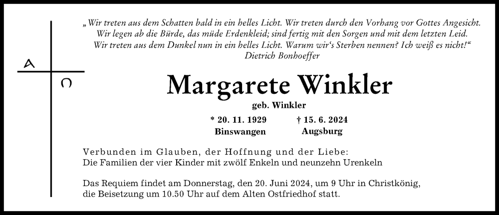 Traueranzeige von Margarete Winkler von Wertinger Zeitung, Augsburger Allgemeine