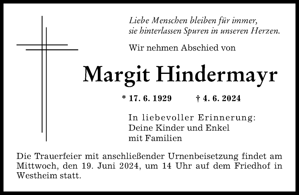Traueranzeige von Margit Hindermayr von Augsburger Allgemeine