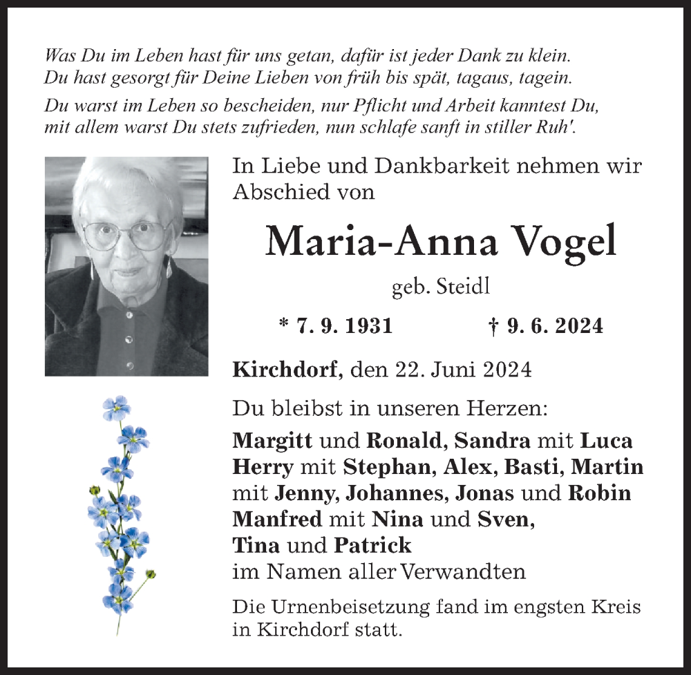 Traueranzeige von Maria-Anna Vogel von Mindelheimer Zeitung