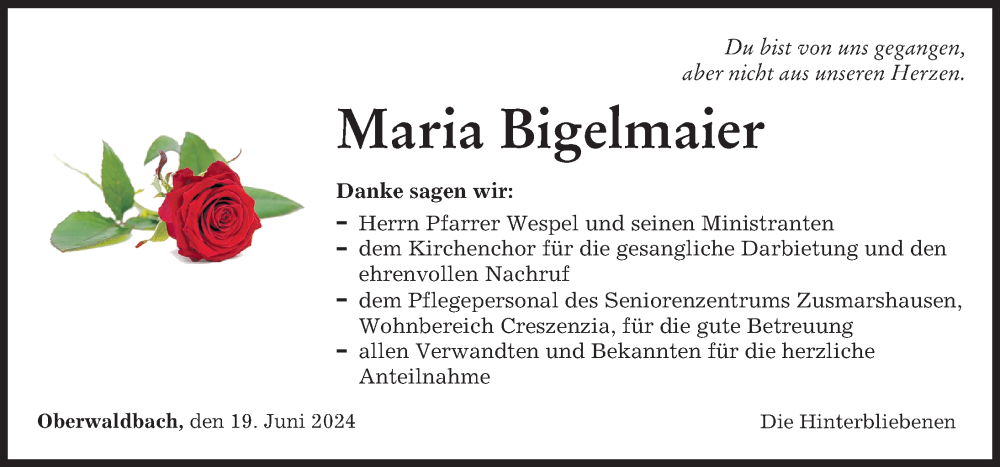 Traueranzeige von Maria Bigelmaier von Günzburger Zeitung
