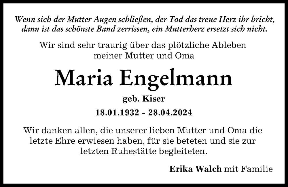 Traueranzeige von Maria Engelmann von Friedberger Allgemeine