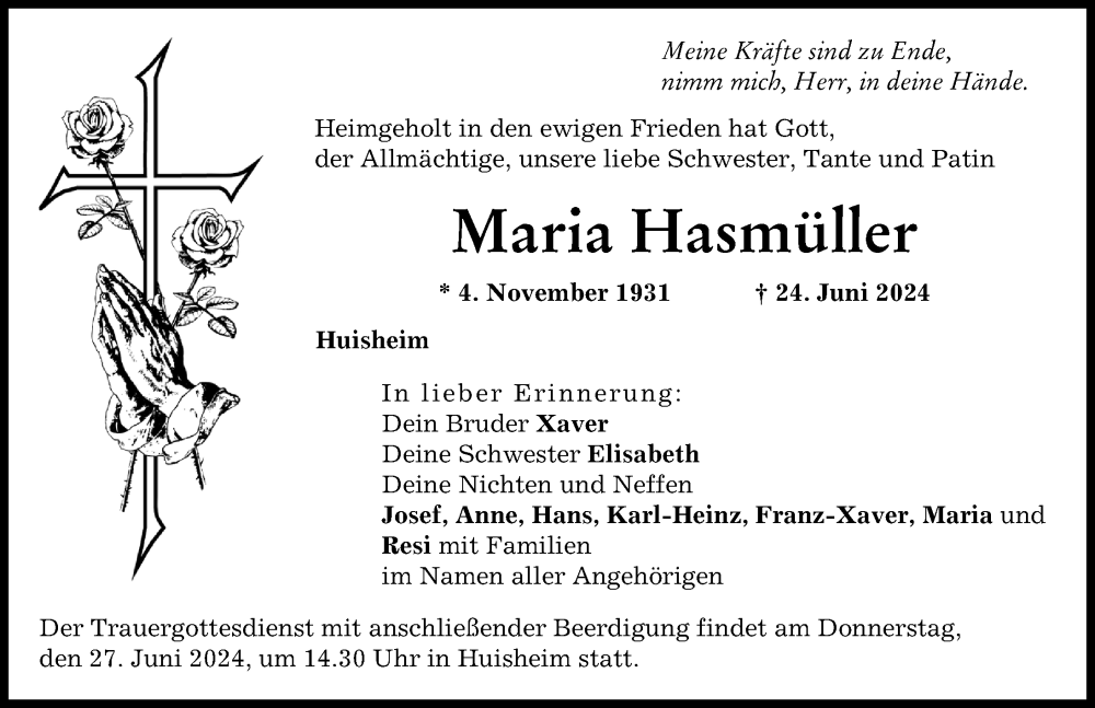 Traueranzeige von Maria Hasmüller von Rieser Nachrichten, Donauwörther Zeitung