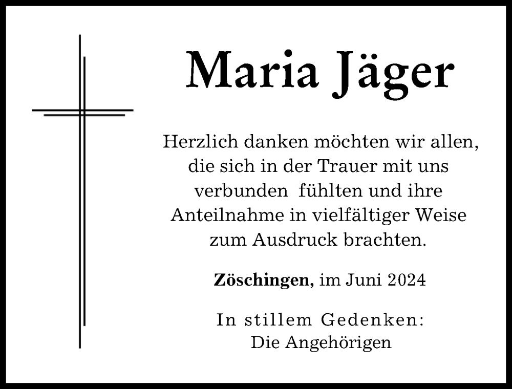 Traueranzeige von Maria Jäger von Donau Zeitung