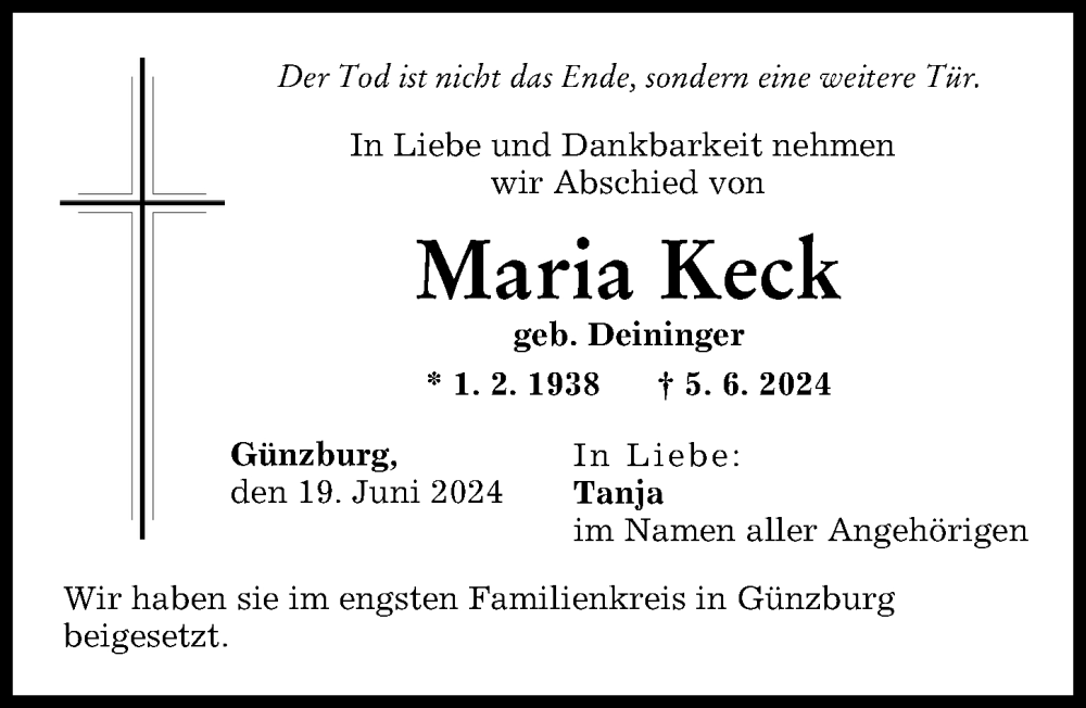 Traueranzeige von Maria Keck von Günzburger Zeitung