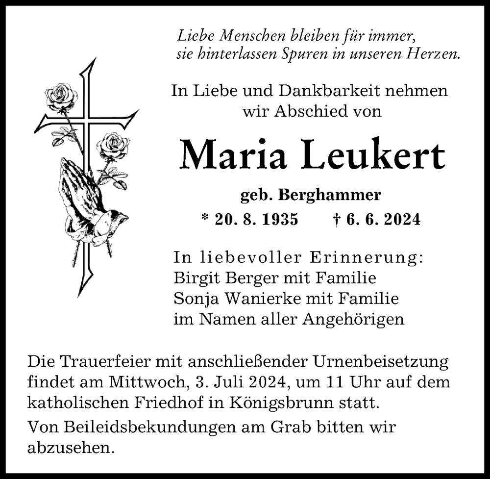 Traueranzeige von Maria Leukert von Augsburger Allgemeine