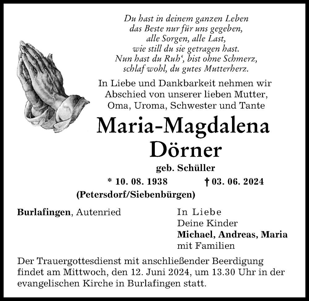 Traueranzeige von Maria-Magdalena Dörner von Günzburger Zeitung, Neu-Ulmer Zeitung