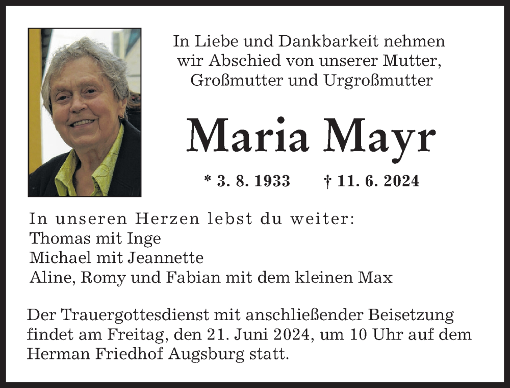 Traueranzeige von Maria Mayr von Landsberger Tagblatt, Augsburger Allgemeine