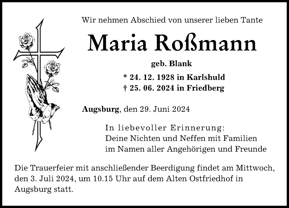 Traueranzeige von Maria Roßmann von Neuburger Rundschau, Augsburger Allgemeine