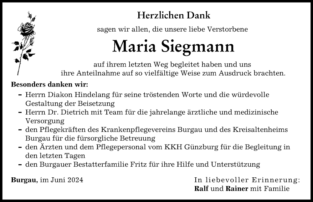 Traueranzeige von Maria Siegmann von Günzburger Zeitung