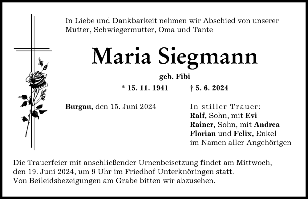 Traueranzeige von Maria Siegmann von Günzburger Zeitung