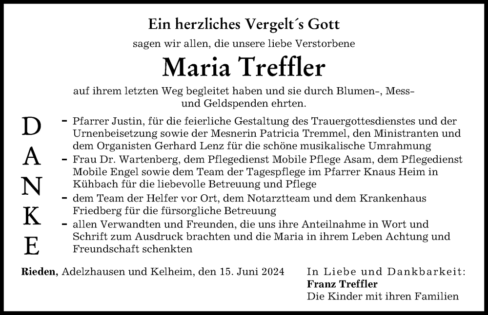 Traueranzeige von Maria Treffler von Friedberger Allgemeine