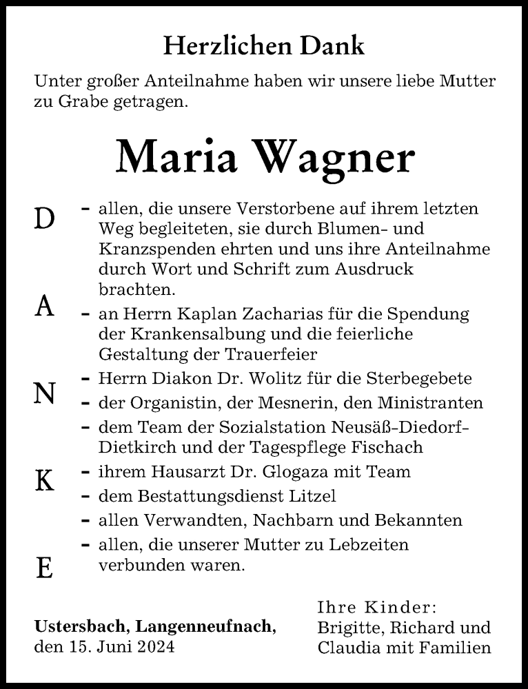Traueranzeige von Maria Wagner von Augsburger Allgemeine