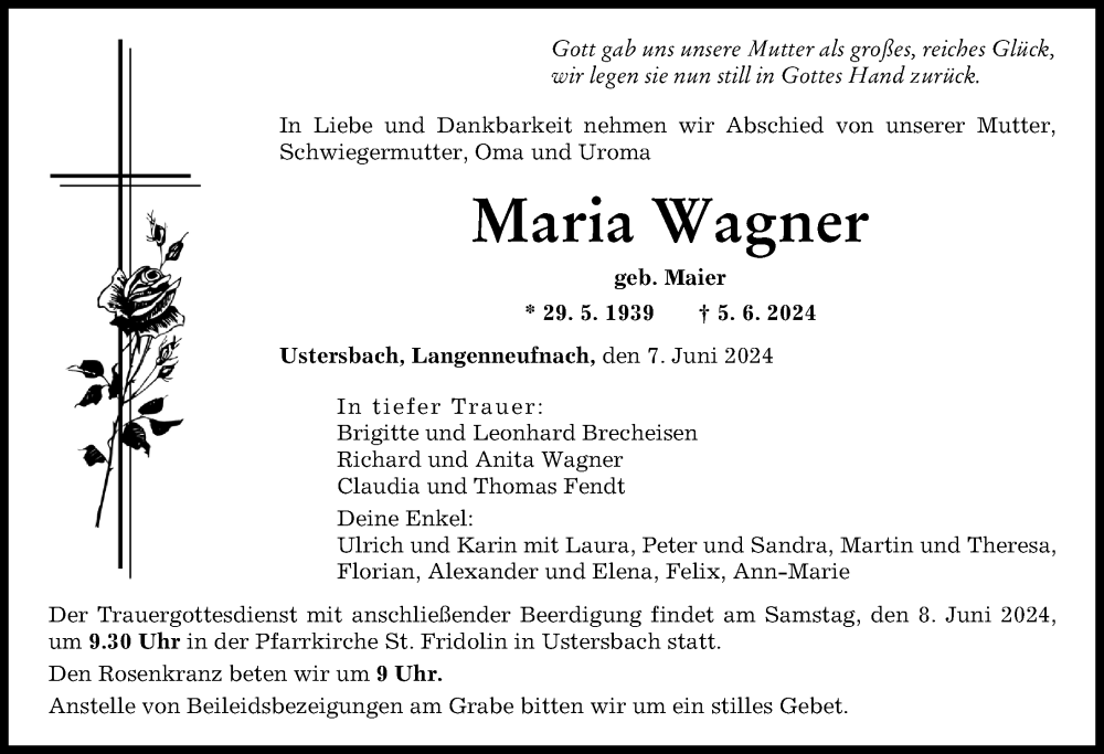 Traueranzeige von Maria Wagner von Augsburger Allgemeine