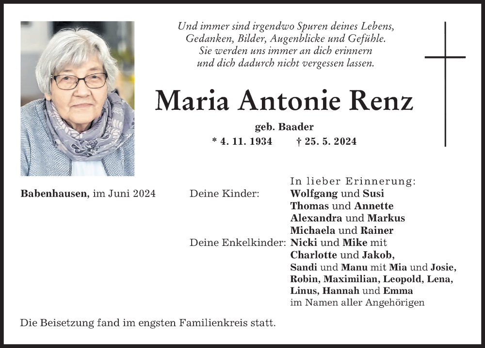 Traueranzeige von Maria Antonie Renz von Illertisser Zeitung