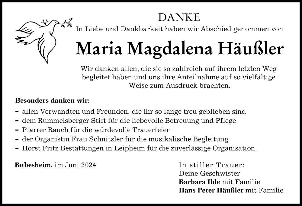 Traueranzeige von Maria Magdalena Häußler von Günzburger Zeitung