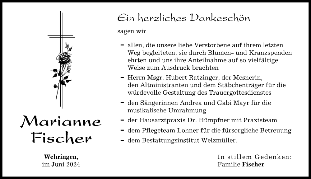 Traueranzeige von Marianne Fischer von Schwabmünchner Allgemeine