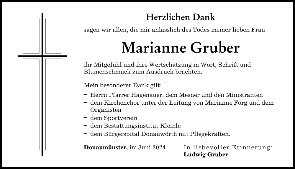 Traueranzeige von Marianne Gruber von Donauwörther Zeitung