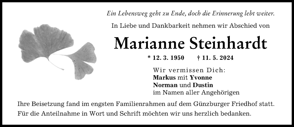 Traueranzeige von Marianne Steinhardt von Günzburger Zeitung