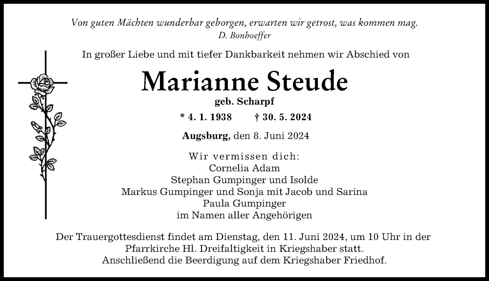 Traueranzeige von Marianne Steude von Augsburger Allgemeine