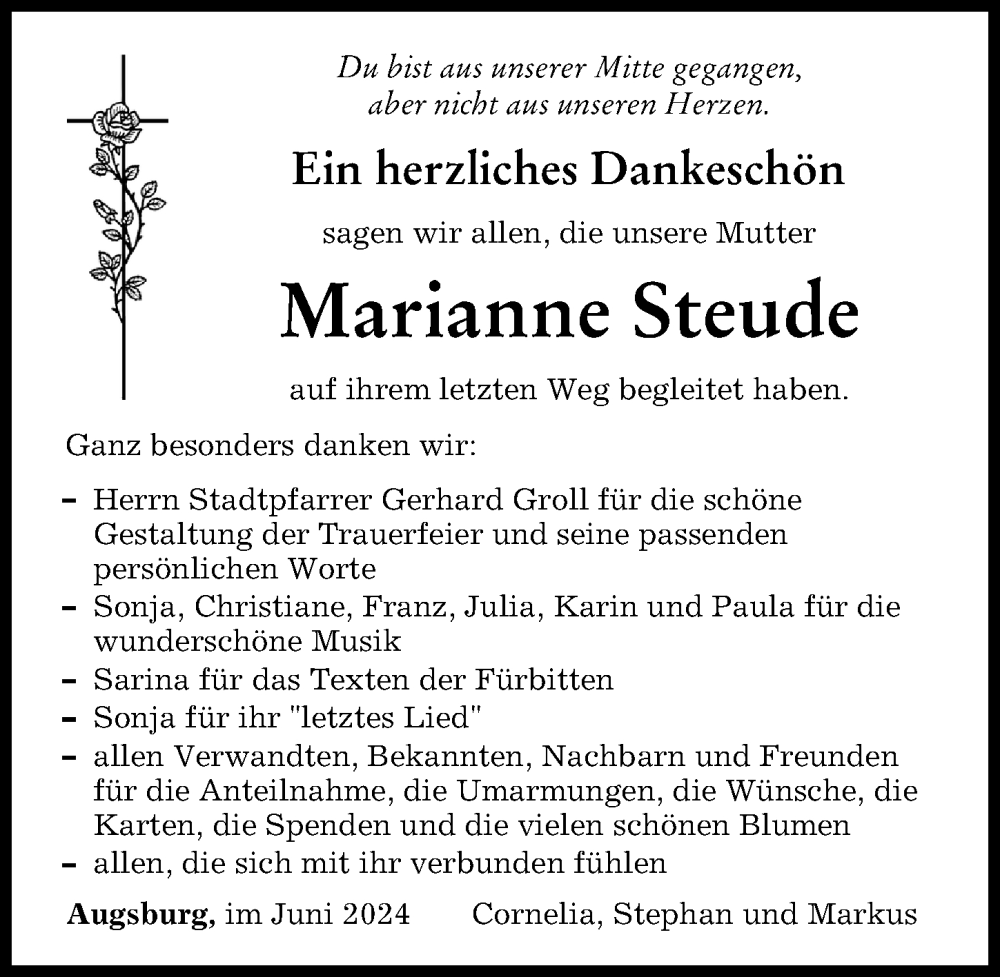 Traueranzeige von Marianne Steude von Augsburger Allgemeine