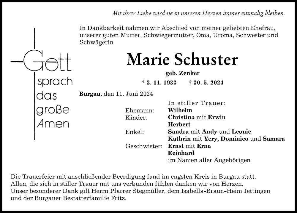 Traueranzeige von Marie Schuster von Günzburger Zeitung
