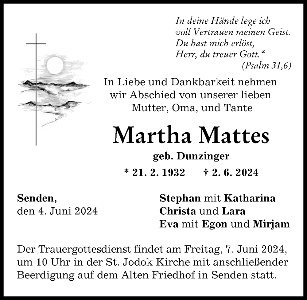 Traueranzeige von Martha Mattes von Neu-Ulmer Zeitung