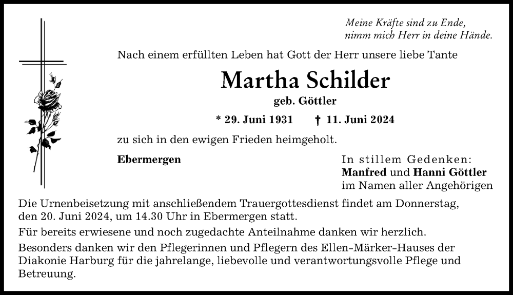 Traueranzeige von Martha Schilder von Donauwörther Zeitung