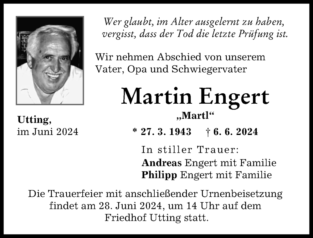  Traueranzeige für Martin Engert vom 21.06.2024 aus Ammersee Kurier